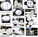 56 Pieces Dinner Set, White Porcelain Bone China Combi-Set Tableware Set with Cereal Bowl Bowls Dessert Plates Soup Plates Dinner Plates with Gold Rim Service for 10 People