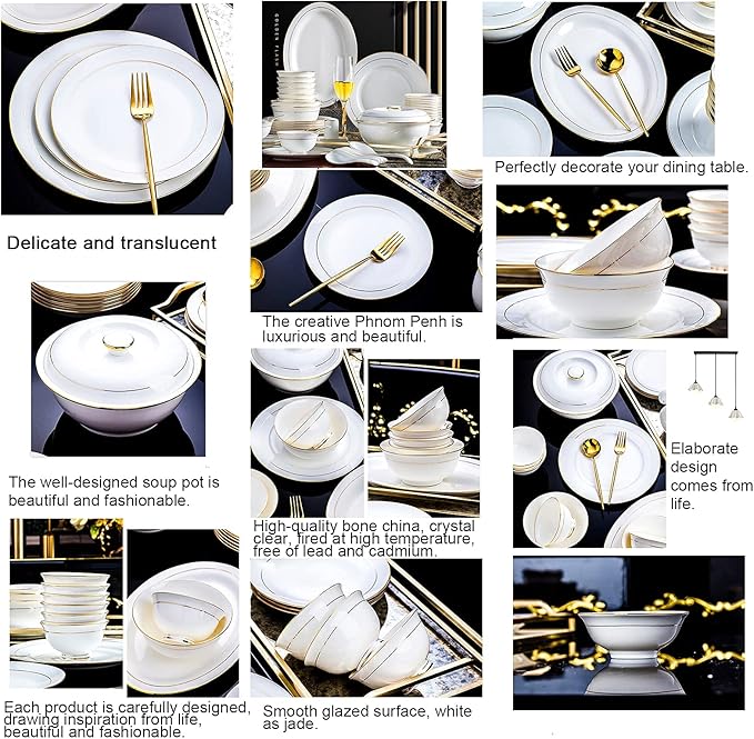 56 Pieces Dinner Set, White Porcelain Bone China Combi-Set Tableware Set with Cereal Bowl Bowls Dessert Plates Soup Plates Dinner Plates with Gold Rim Service for 10 People