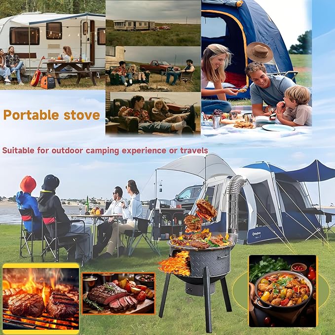 Multifunction Wood Burning Stove, 2.2mm Diamond-Pattern Steel Portable Grill,Rocket Stove with Large Grill Rack for Outdoor Cooking, Backyard, Camping & Off-Grid Living