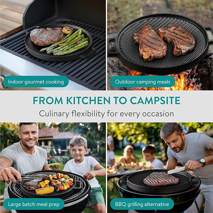 Navaris Reversible Cast Iron Grill/Griddle - 12"(30cm) Pre-Seasoned with Handles, Flat & Ribbed Griddle Plate, Perfect for Stove, Grill, Oven, Campfire, Outdoor Cooking, Heavy-Duty