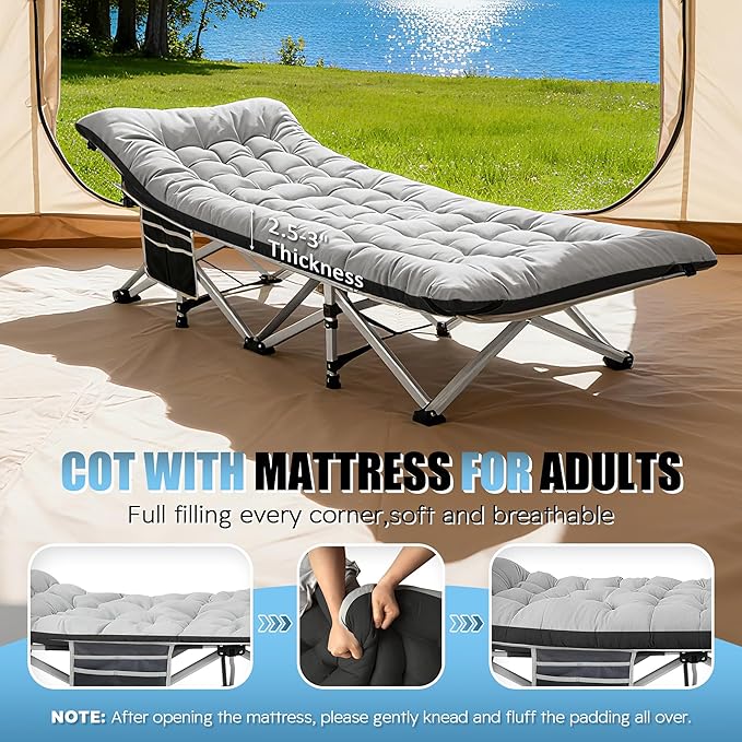 HABUTWAY Camping Cot, Portable Camping Cot for Adult, 28" Wide Sleeping Cot Max Load 600LBS with Thick Mattress and Carry Bag, Portable Camping Bed for Outdoor Camping/Office, Home Nap