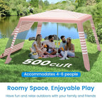 MoKo Beach Cabana, 8'×8' Large Beach Canopy with Side Wall, UPF 50+ Protection Easy Setup Beach Tent Sun Shelter, Adjustable Height Wind Resistant Cabana Beach Tent for Whole Family, Pink Stripe