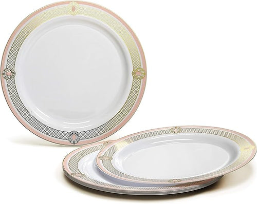 " OCCASIONS " 50 Plates Pack (25 Guests)-Wedding Party Disposable Plastic Plate Set -25 x 10.25'' Dinner + 25 x 7.5'' Salad & Dessert plates (Royal in White/Blush & Gold)