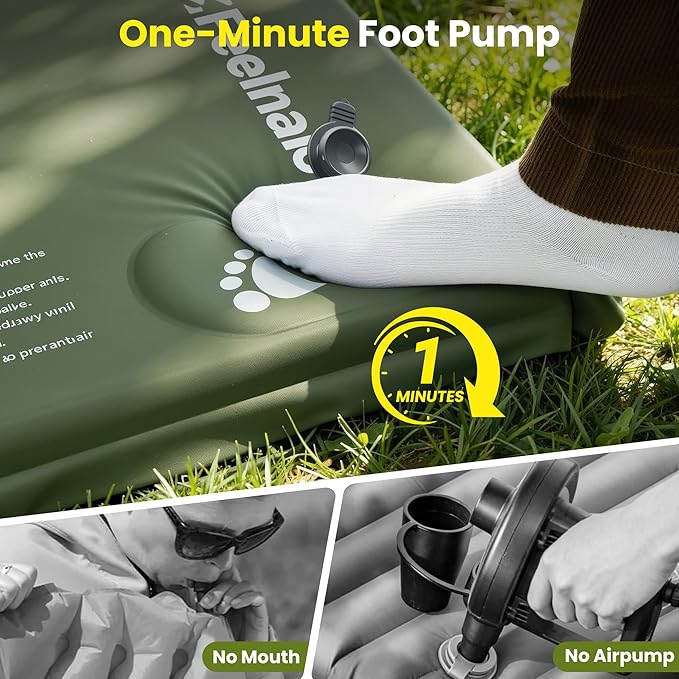 Camping Sleeping Pad, Built-in Foot Pump Inflatable Sleeping Pads, Memory Foam Mattress with Pillow, 4 Season Camping Mattress Pad, Camping Essentials Gear for Tent, Car, Hiking - Green