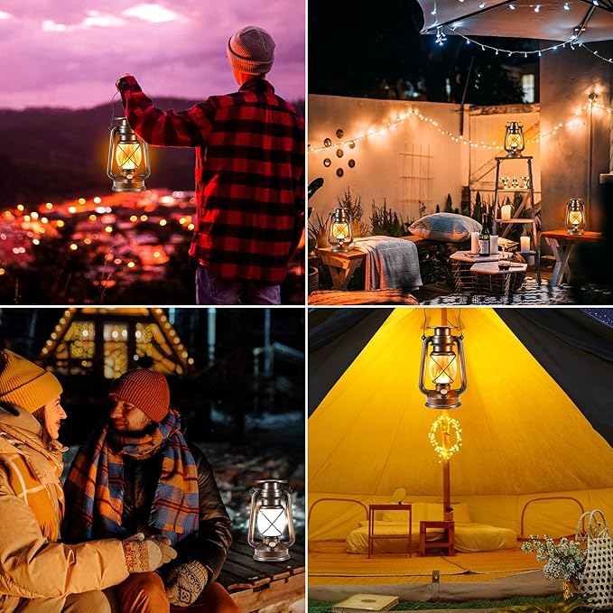 Solar Lantern Outdoor, Hanging Solar Lights Flickering Flame LED Vintage Lantern, Waterproof Camping Lamps, Auto On/Off Landscape Decor for Table Patio Garden Yard Pathway Porch, 2 Pack