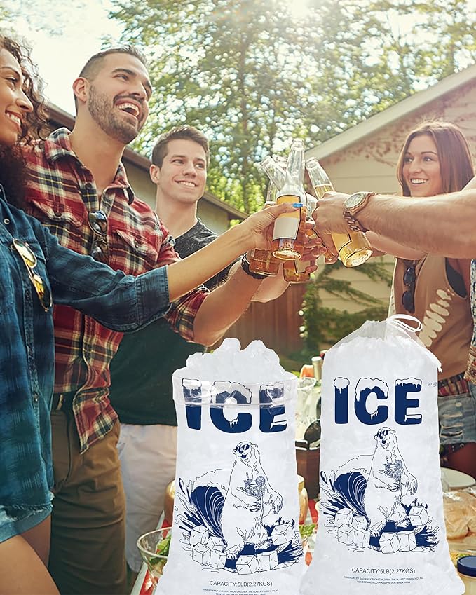Ice Bags 5lb with Drawstring – 100 Count Durable Reusable Plastic Ice Storage Bags for Freezer, Parties, Ice Makers, Camping