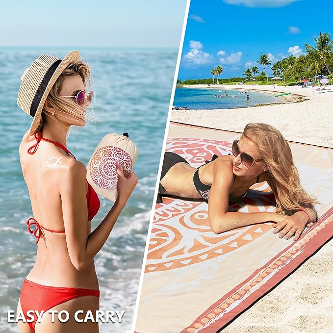 Beach Blanket Waterproof Sandproof Beach Mat 79" X 83"/10'x9'for 2-8 Adults Quick Drying Outdoor Picnic Mat Beach Accessories for Travel, Camping, Hiking