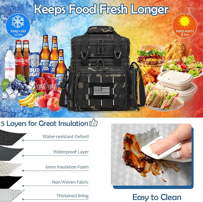 Tactical Lunch Box for Men, Large Expandable Insulated Cooler Bag Lunch Bag for Men, Double Deck Soft Mens Lunchbox for Work, Picnics, Outdoor Shifts, Camping & Travel, 16L, Dark CM