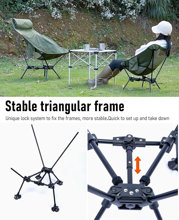iClimb Ultralight Compact Camping Folding Beach Chair with Anti-Sinking Large Feet and Back Support Webbing (Black - Triangular Frame - 2PC)
