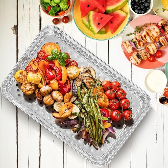 Frcctre 25 Pack Disposable Aluminum Grill Pans, 16 x 12 Inch Large Aluminum Broiler Pans Foil Grill Trays Topper Pan Sheet Pan with Holes for for Outdoor Cooking and Camping, BBQ