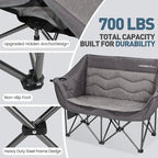 Double Camping Chair for Adults - Heavy Duty Folding Loveseat Support 700 lbs, 2 Person Padded Camping Couch Portable with Cup Holders & Storage Bag for Camping, Lawn, Sports, Grey