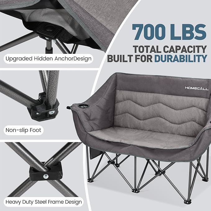 Double Camping Chair for Adults - Heavy Duty Folding Loveseat Support 700 lbs, 2 Person Padded Camping Couch Portable with Cup Holders & Storage Bag for Camping, Lawn, Sports, Grey