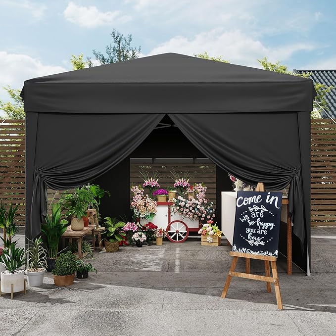 10x10 Pop Up Canopy Tent with 4 SideWalls, Easy Up Canopy with 3 Adjustable Height, Outdoor Sun Shade with 4 Sandbags & Carrying Bag for Camping, Parties,Outdoor Events-Black