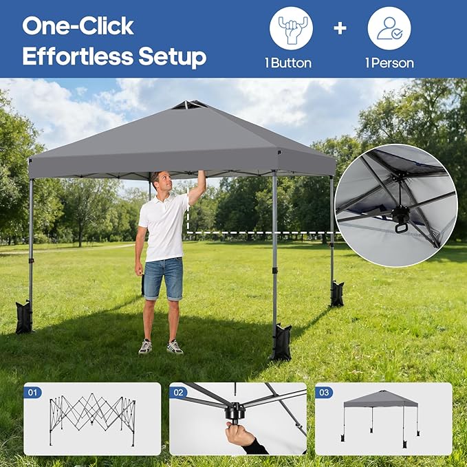 10x10 FT Pop Up Canopy, Easy Up Canopy Tent for Outdoor Patio, Backyard Parties Camping & Beach, Heavy Duty Instant Canopies with 1-Button Setup, 3 Adjustable Heights, UPF 50+ & Wheeled Bag