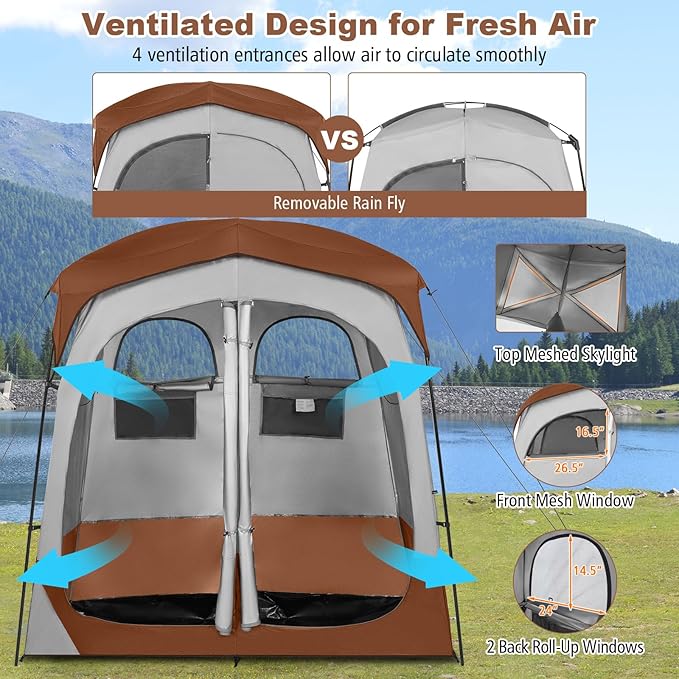 Tangkula Double Room Shower Tent, Oversize Space Privacy Tent with Floor, Removable Rain Fly, Inside Pocket, Clothesline, Top Hook, Portable Outdoor Changing Tent for Dressing, Camping, Toilet