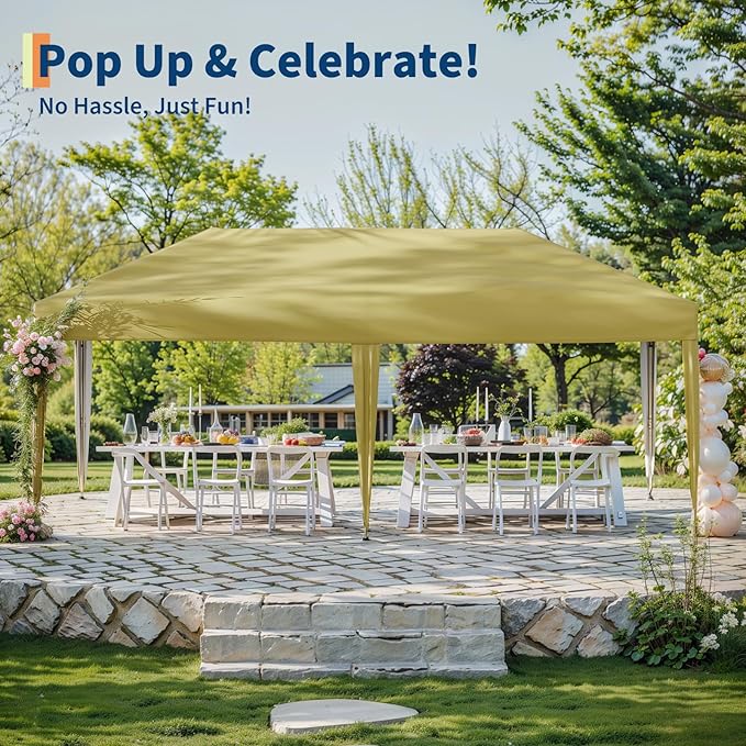 10x20 Pop Up Canopy - Easy Up Camping Tent with One Roller Bag, 3 Adjustable Height, 4 Weight Bags for Deck, Garden, Sports, Beach, Party - Khaki