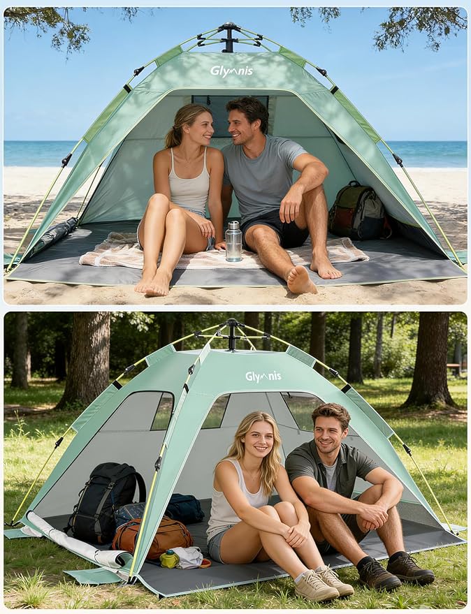 Glymnis Pop Up Beach Tent Sun Shade Shelter for 3-4 Person with UPF 50+, Lightweight & Easy Setup, Vent Windows & Zippered Door, Extended Floor Family Instant Beach Tent
