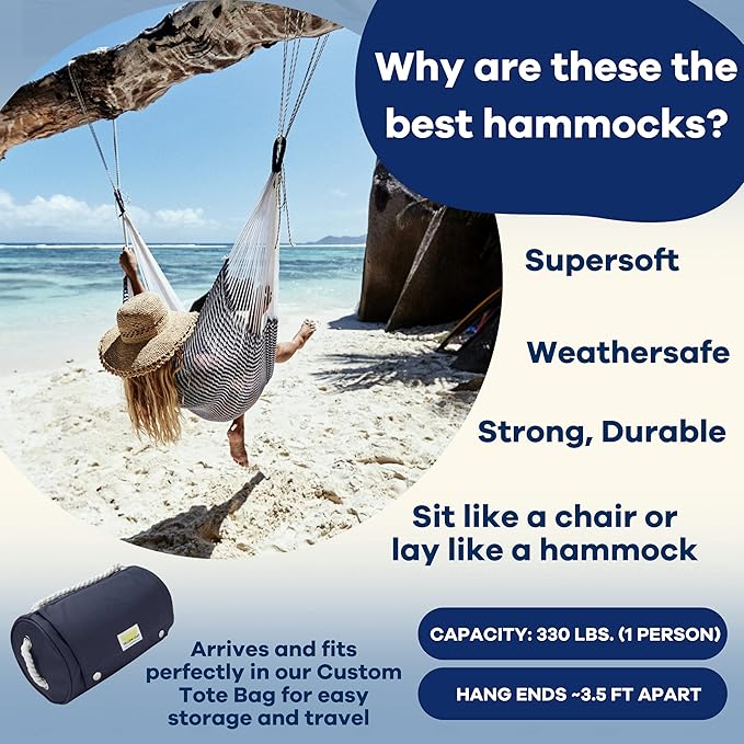 Handwoven Hanging Chair by Yellow Leaf Hammocks - Fits 1 Person, 330lb Max - Kick Back for Full-Body Recline - Weathersafe, Ultra Soft, Hang Anywhere - Color: Stripe Navy Blue - White