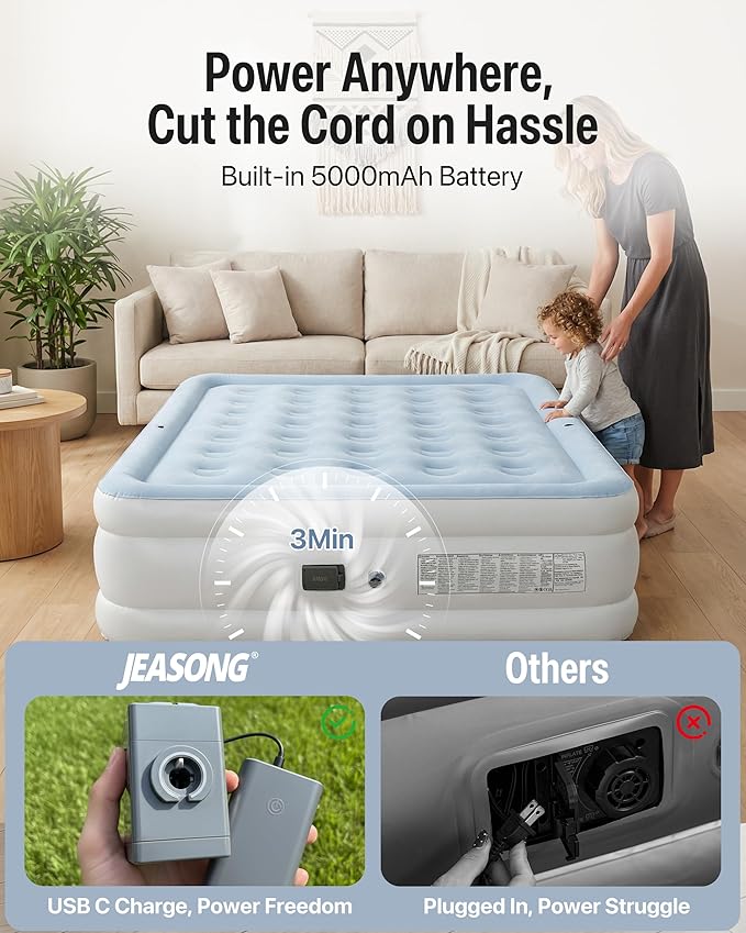 JEASONG Air Mattress Queen with Built in Pump, 20" Raised Blow Up Mattress, Cordless Inflatable Mattress, Air Bed with Headboard, Inflatable Bed Portable Airbed for Camping, Guest, and Home, 700 lbs