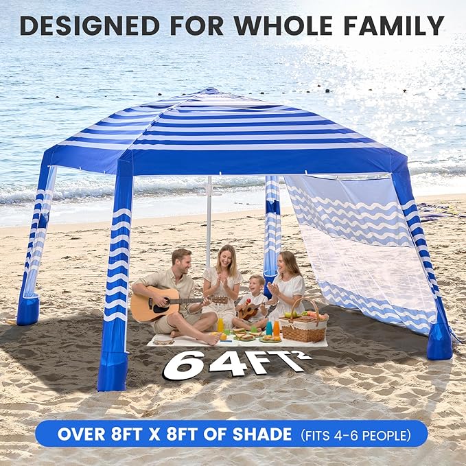 Zeraty Beach Cabana 8'×8', Portable Beach Canopy with Side Wall, Easy Pop Up UPF 50+ Silver-Coated Beach Tent Sun Shelter, Wind Resistant Adjustable Height Beach Umbrella Tent for Family, Navy Blue