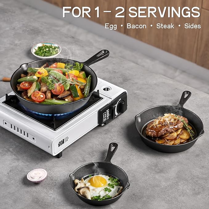 WANGYUANJI Cast Iron Skillet Set - 3-Piece (6/8/10 Inch) Uncoated Raw Iron Frying Pans - Traditional Heavy Duty Cookware for Oven, Grill, Campfire - Requires Seasoning for Natural Non-Stick