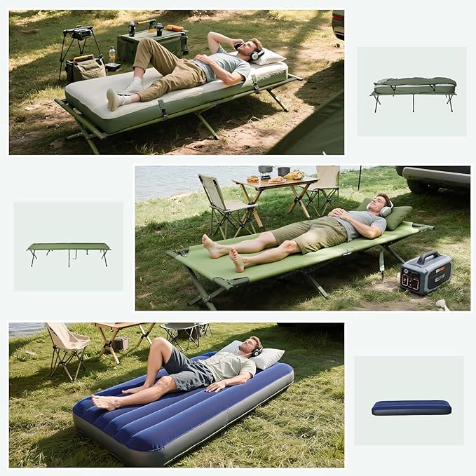 Camping Tent Cot, 4-in-1 Folding Tent Cot Combo with Mattress, Pillow, Sleeping Bag, Roller Carrying Bag, Off Ground Travel Camp Cot for Hiking, Backpacking, Picnic