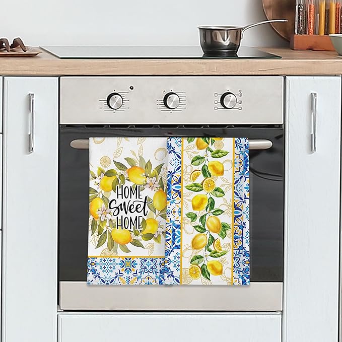 Lemon Kitchen Towels, Lemon Mediterranean Dish Towels Set of 2, Farmhouse Home Sweet Home Kitchen Decor, Summer Yellow Decorative Hand Tea Towels for Housewarming (18x26 Inches)