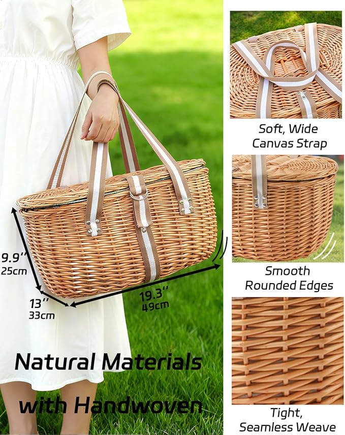 Picnic Basket Insulated with Lid, Extra Large Wicker Picnic Basket with Waterproof Insulated, Handwoven Portable Vintage Picnic Hamper 8.4 Gal(31.7L), Camping Outdoor Gifts Date, Natural