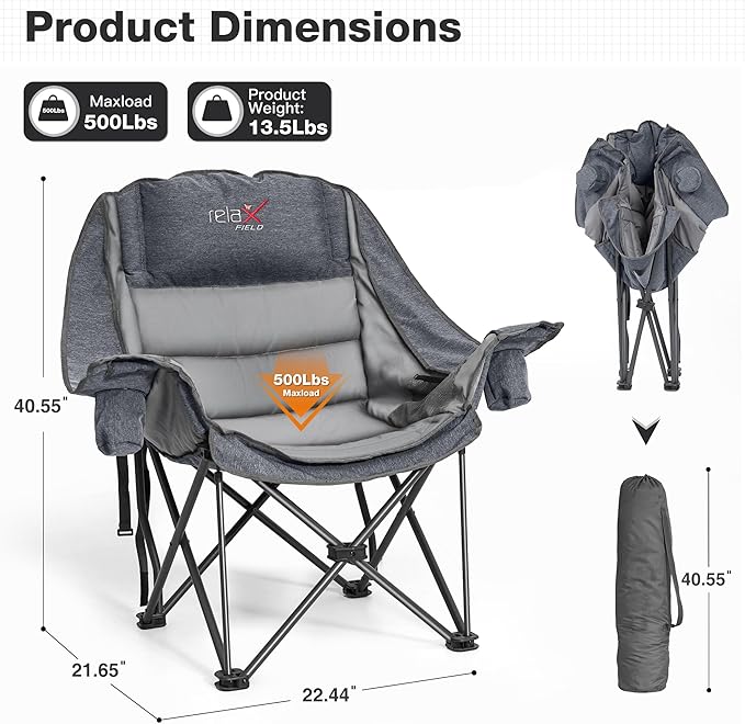 2 Pack Oversized Camping Chair, Portable Folding Padded Camp Chairs with Side Pocket, Cup Holder, Heavy Duty Support 500LBS Outdoor Lounge Chair for Adults, Fishing, Sports, Trip, Grey