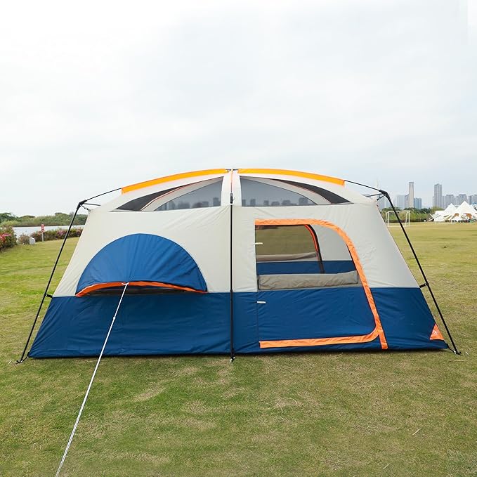 KTT Extra Large Tent 10-12-14 Person(A),Family Cabin Tents,2 Rooms,3 Doors and 3 Windows with Mesh,Straight Wall,Waterproof,Double Layer,Big Tent for Outdoor,Picnic,Camping,Family Gathering
