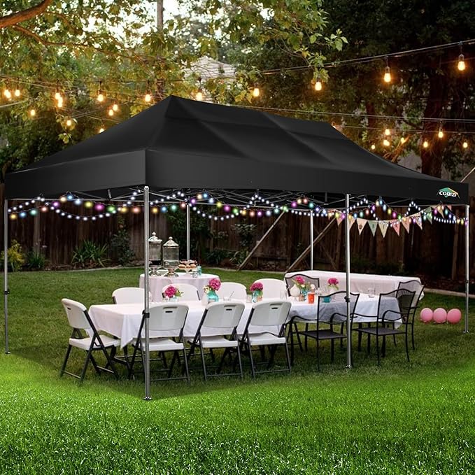 COBIZI 10x20 Heavy Duty Pop up Canopy Tent Without Sidewall Easy Up Commercial Outdoor Canopy Wedding Party Tents for Parties All Season Wind Waterproof Gazebo with Roller Bag, Black(Frame Thickened)