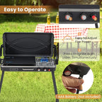 HAPPYGRILL Portable Camping Stove, 2-Burner Propane Grill Cooker with Removable Leg Stand, Roast Grill, Dual Control Knobs, Wind Guards, Outdoor Gas Grill for Camping BBQ Picnic (Black)