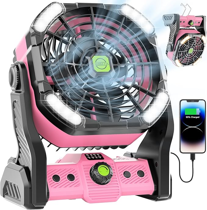 20000mAh Rechargeable Fan Battery Powered Operated,Portable Rechargeable Pink Camping Fan with LED Lantern,270°Rotation,USB Table Fan Pink Camping Accessories Battery Fans Portable