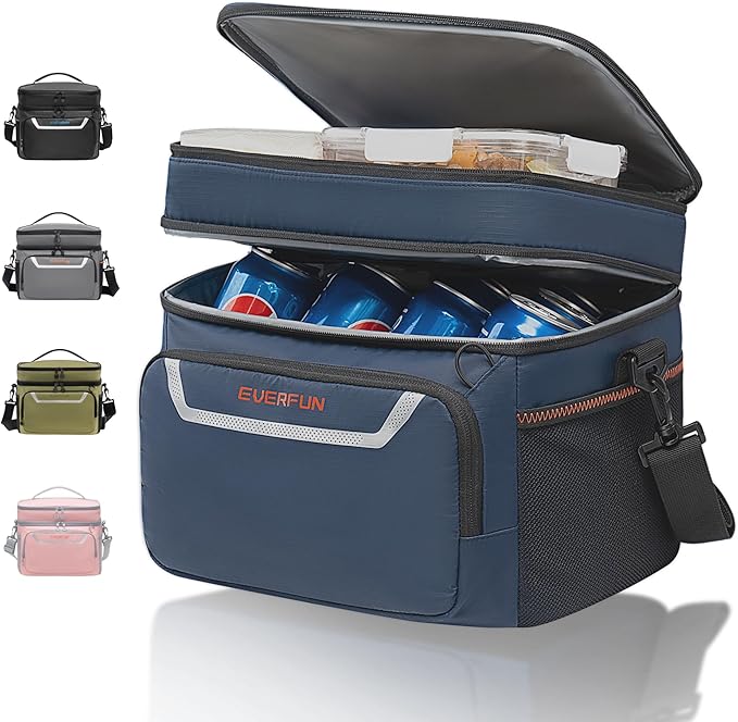 EVERFUN Small Cooler Bag 24 Can Insulated Lunch Box Double Deck Soft Leak-Proof Waterproof Collapsible Ice Chest for Men Women Work Travel Car Trip Picnic Beach