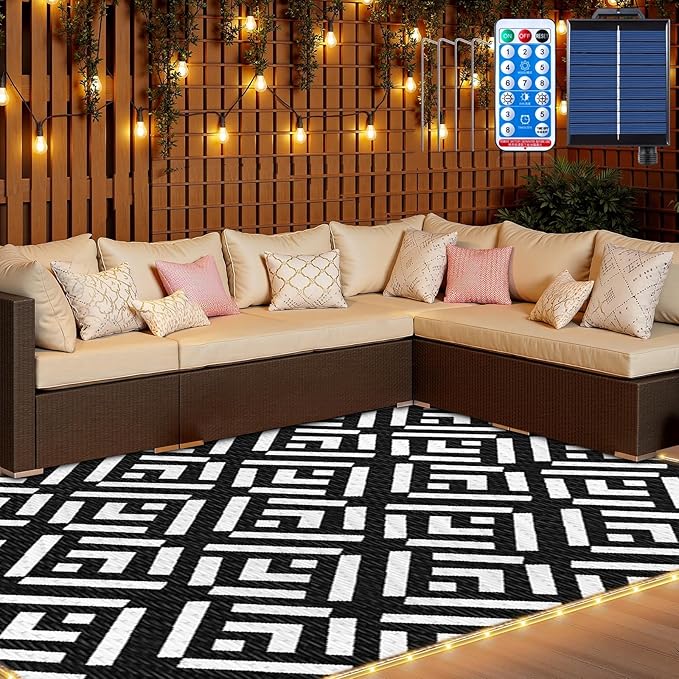 Outdoor Rug 6x9Ft, Solar Powered Outdoor Camping Rug with 94LEDs Strip Lights, Waterproof Plastic Reversible Outdoor Straw Rug, Rug Mat for RV Camping Patio Beach Balcony House Deck Picnic