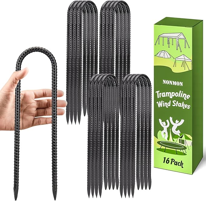 12 Inch 16 Pack Ground Anchors Heavy Duty Rebar Stakes Garden Stakes U Hook Galvanized Steel Ground Stakes Tent Stakes Trampoline Stakes, for Camping Tents Soccer Goals, Black