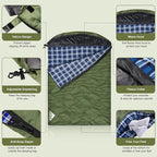 AGEMORE Cotton Flannel Double Sleeping Bag with Fleece Lined Hood, Waterproof Queen Size 2 Person Sleeping Bag for Adults Cold Weather Camping Backpacking or Hiking, 3-4season