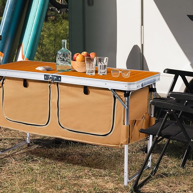 VINGLI 4 Ft Folding Table, Aluminum Camping Table, Picnic Table with Storage, Adjustable Height for Outdoor Beach BBQ Backyards Travel Party (Brown)