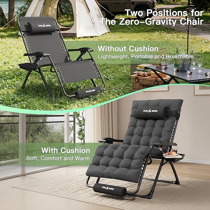 Amopatio Oversized Zero Gravity Chair, 33in Reclining Camping Lounge Chair Upgraded Lock and Footrest, Folding Patio Recliner with Cup Holder, Removable Cushion & Headrest