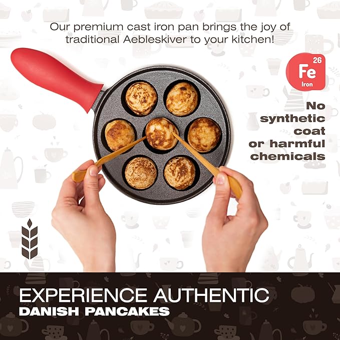 KUHA Cast Iron Aebleskiver Pan – Authentic Danish Pancake Maker for Aebleskiver, Poffertjes, Takoyaki, Appam, Kuli Paniyaram – Pre-Seasoned Cast Iron for Gas & Electric Stovetops & Campfire