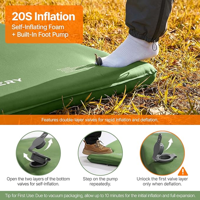 OGERY Self-Inflating Sleeping Pad with Built-in Foot Pump, 3" Memory Foam Camping Mattress for Side Sleepers, Quiet & Insulated Sleeping Mat Camping Essential Gear for Car Tent Camping