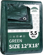 RAINDEWAY Tarps 12x18 Feet,Tarp Waterproof,5.5 Mil Thick, Multipurpose Waterproof Poly Tarp Cover with Metal Grommets and Reinforced Edges,Green Tarps