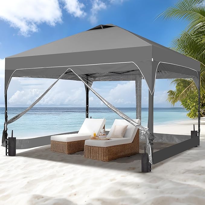 GDY 10x10 FT Pop Up Canopy Tent with One Push Setup,Setup Gazebo with 4 PVC Transparent Sidewalls,Easy Carry for Events, Parties, Camping, Gray