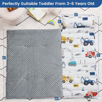 PHF Toddler Nap Mat with Removable Pillow and Minky Fleece Blanket, Rollup Design Warm Slumber Bags for Boys, 52"x20" Kids Sleeping Bag for Daycare Preschool Travel Camping, Truck and Digger