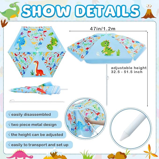 Sweetude Water Table Umbrella (Table Not Included), Kids Seaside Beach Umbrella Picnic Canopy for Summer Toddlers Sand Beach Camping Garden Outdoor Pool Shade Party Supply(Dinosaur Theme)