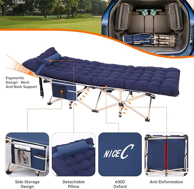 Nice C Camping Cots with Cushion, Camping Cots with Mattress, for Adults, Folding Cot, with Pillow, Carry Bag & Storage Pocket, Extra Wide Sturdy, Holds Up to 500 Lbs (1, Mattress Navy)