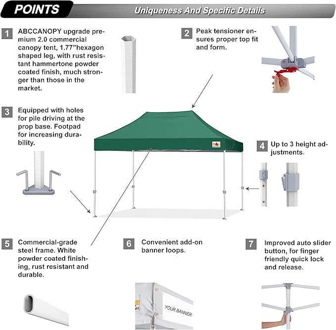 ABCCANOPY Commercial Pop Up Canopy Tent 10x15 Premium-Series, Forest Green