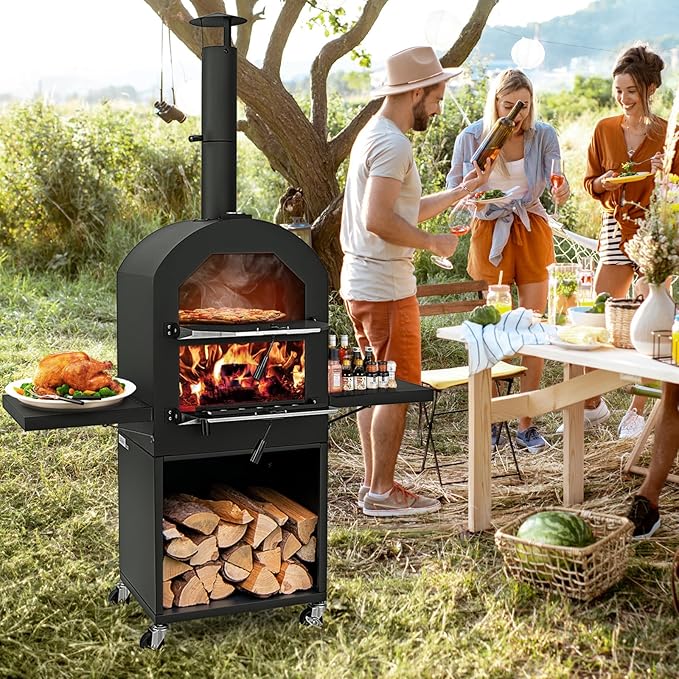 LDAILY Outdoor Pizza Oven, Wood Fired Pizza Maker with Side Shelves, Cooking Grids, Cover, Pizza Stone & Peel, Patio Portable Pizza Stove for Backyard, Camping & Party, Black