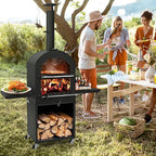 LDAILY Outdoor Pizza Oven, Wood Fired Pizza Maker with Side Shelves, Cooking Grids, Cover, Pizza Stone & Peel, Patio Portable Pizza Stove for Backyard, Camping & Party, Black
