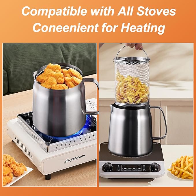 68oz Stainless Steel Deep Fryer Pot with Basket and Oil Strainer, Multifunctional Deep Frying, Small Stove Top deep fry for Kitchen and Camping, Steel Pour Pot for French Fries, Chicken (2L)